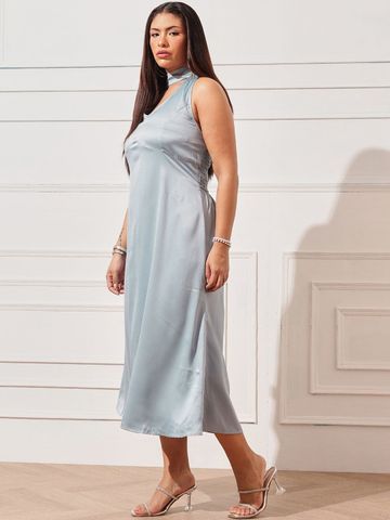 CURVY STREET Halter Neck Satin Sheath Midi Dress
