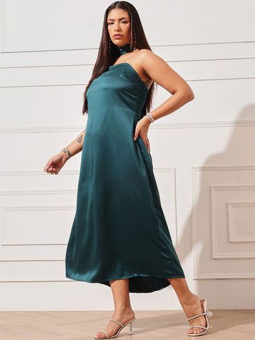 CURVY STREET Halter Neck Satin Sheath Midi Dress
