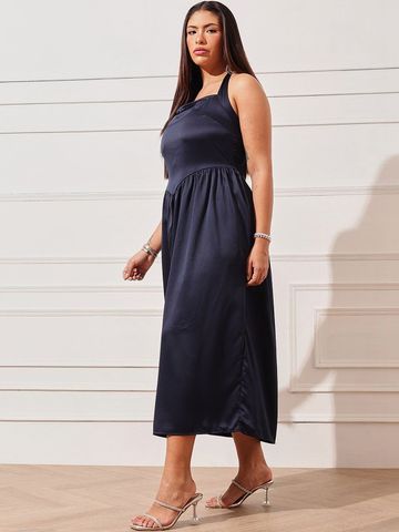 CURVY STREET Halter Neck Satin Fit & Flare Midi Dress