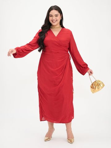 Virgio Women Solid Viscose V-Neck Wrap Plus Size Midi Dress with Tie Up