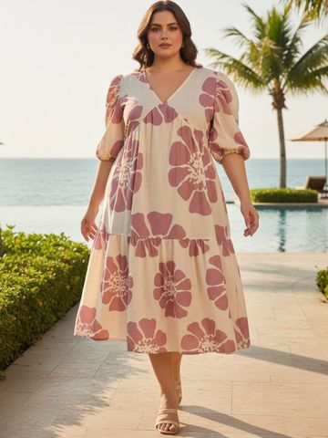 U&F Beyond Women Floral Printed Gathered A-Line Midi Dress