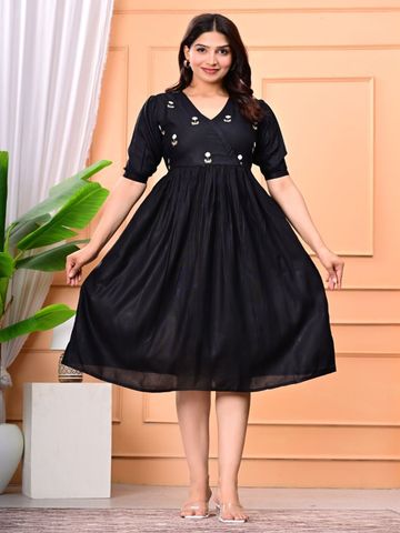 SRFA Women Floral Embroidered Puff Sleeves V-Neck Wrap Dress