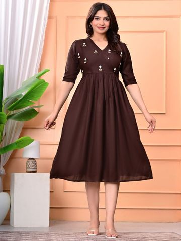 SRFA Women V-Neck Floral Embroidered Fit & Flare Dress