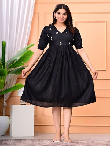K R Sales Women Floral Embroidered Monochrome Puff Sleeve Wrap Midi Dress