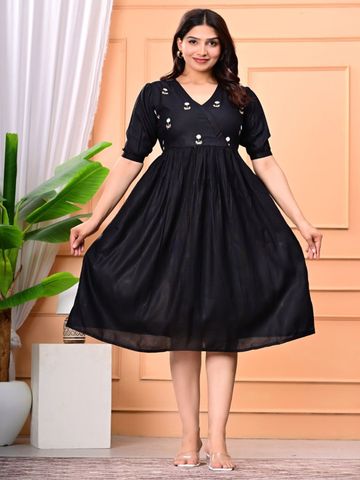 BHUMI CREATION Women Floral Embroidered Monochrome Puff Sleeve Wrap Midi Dress