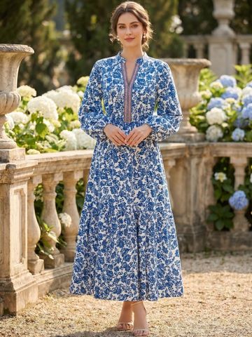 JC Mode Floral Printed Mandarin Collar A-Line Midi Dress