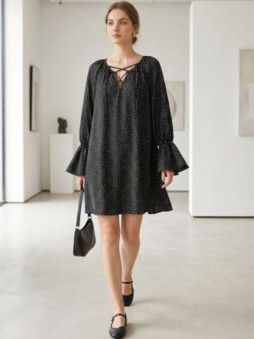 JC Mode Polka Dot Print Tie-Up Neck Flared Sleeve A-Line Mini Dress