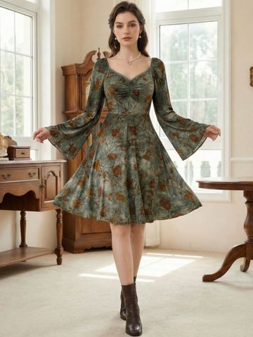 JC Mode Floral Print Flared Sleeve Fit & Flare Dress