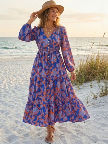 JC Mode Floral Print V-neck Fit & Flare Maxi Dress