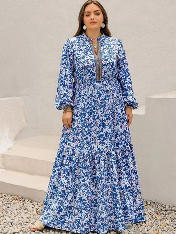 JC Mode Floral Print Bishop Sleeve Maxi Dress