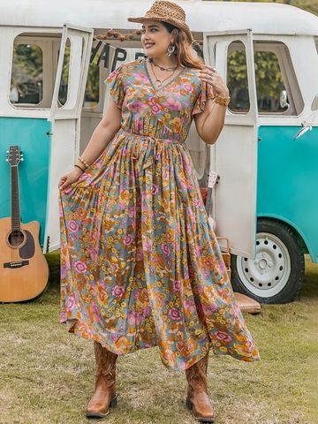 JC Mode Floral Print Flutter Sleeve Maxi Dress