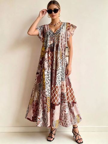 JC Mode Bohemian Print Flutter Sleeve Ruffled Maxi Dress