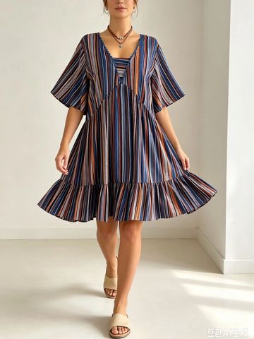 JC Mode Striped Flared Sleeve A-Line Dress