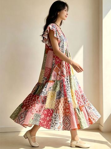 JC Mode Bohemian Print Flutter Sleeve Ruffled A-Line Maxi Dress
