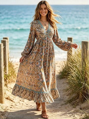 JC Mode Bohemian Print Ruffled Maxi Dress