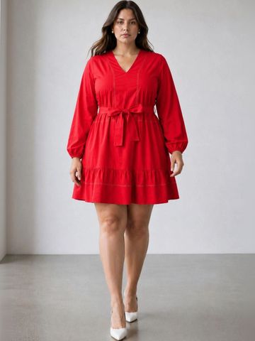 Beyond the Curve - VIRGIO Cotton Ruffle Lace Insert Belted A-Line Insert Plus Size Dress