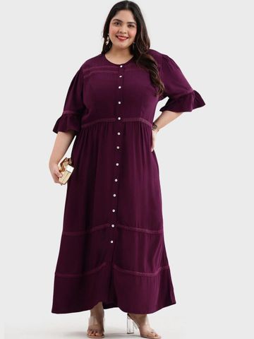 Virgio Women Solid Viscose Button Down Round Neck Maxi Plus Size Dress