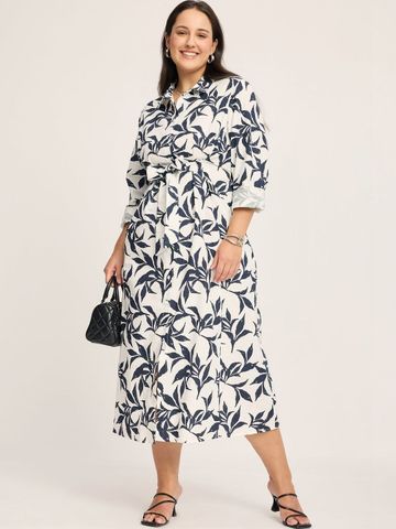 Virgio Printed Pure Cotton Shirt Shirt Collar Midi Plus Size Dresses for Women