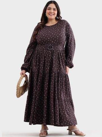 Virgio Printed Viscose Rayon Round Neck Long Sleeves Flared Plus Size Maxi Dress for Women