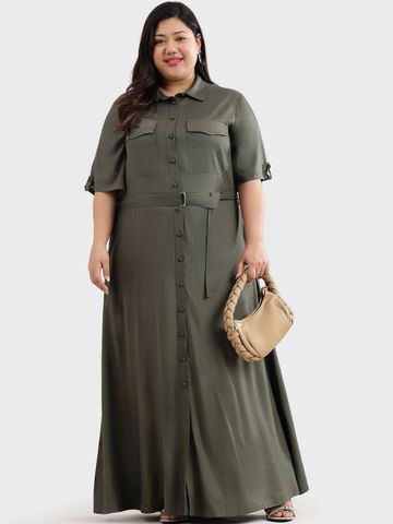 Virgio Solid Viscose Rayon Shirt Collar Short Sleeves Maxi Plus Size Dress For Women