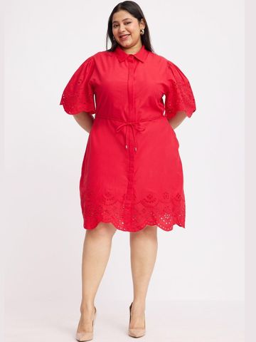 Virgio Embroidered Cotton Shirt Collar Short Sleeves Tie-Up Plus Size Mini Dress For Women