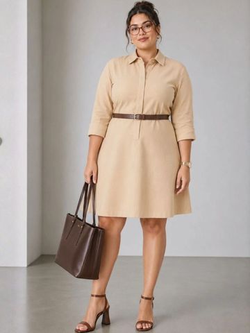 Virgio Solid Cotton Shirt Collar Long Sleeves Mini Plus Size Dresses for Women