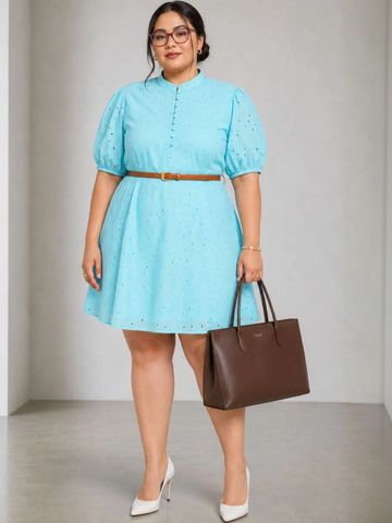 Virgio Embroidered Pure Cotton Fit and Flare Mandarin Collar Mini Plus Size Dresses for Women