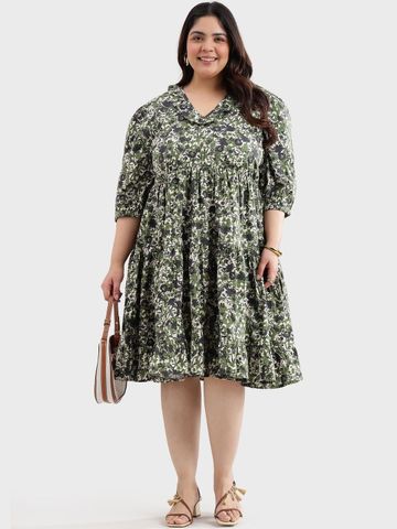 Virgio Printed Cotton V-Neck Three-Quarter Sleeves Mini Plus Size Dress for Women