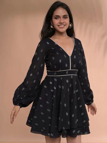 Tanoti Print Bishop Sleeve Fit & Flare Mini Dress