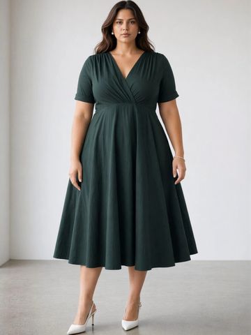 Virgio Solid Cotton V-Neck Short Sleeves Midi Dress Plus Size for Women