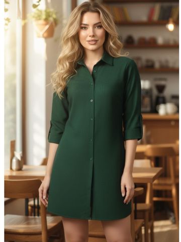 DressBerry Shirt Mini Dress Dark Green Viscose Rayon Shirt Dress with Roll-Up Sleeves