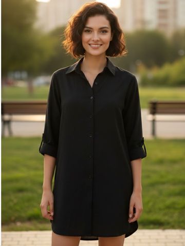 DressBerry Shirt Mini Dress Solid Black Viscose Rayon Shirt Dress with Roll-Up Sleeves