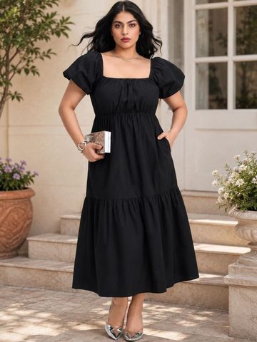 Virgio Solid Cotton Puff Sleeve Maxi Plus Size Dress for Women
