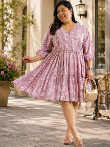 Virgio Printed Viscose Rayon V-Neck Three-Quarter Sleeves Knee Length Plus Size Dress for Women