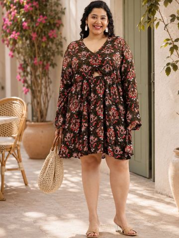 Virgio Printed Viscose Rayon V-Neck Long Sleeves Mini Plus Size Dress for Women
