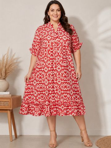 U&F Beyond Ethnic Motifs Print Flutter Sleeve Ruffled A-Line Midi Dress