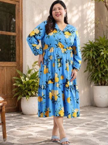 Virgio Printed Viscose Rayon V-Neck Three-Quarter Sleeves Maxi Plus Size Dress for Women