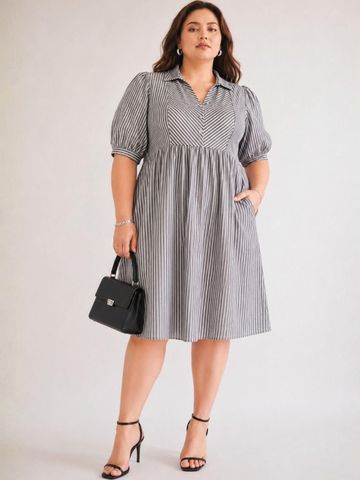Virgio Striped Cotton Shirt Collar Short Sleeves Mini Plus Size Dress for Women