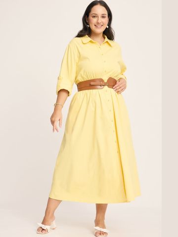 Virgio Solid Pure Cotton Shirt Shirt Collar Midi Plus Size Dresses for Women