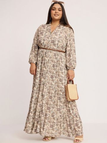 Virgio Printed Pure Cotton Shirt Shirt Collar Maxi Plus Size Dresses for Women