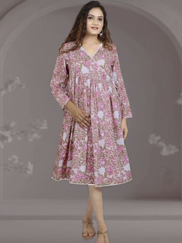 Ayurvastram Printed Pure Cotton V-Neck Long Wrap Dresses