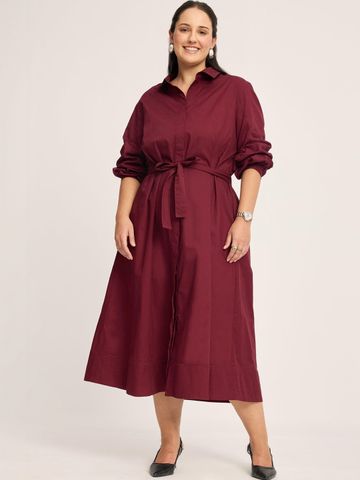 Virgio Solid Cotton Shirt Collar Long Sleeves Midi Plus Size Dress for Women