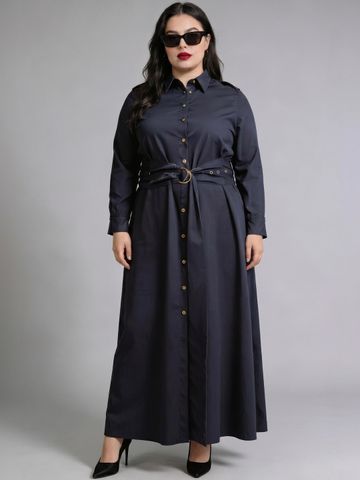 Virgio Solid Cotton Shirt Collar Long Sleeves Maxi Plus Size Dresses for Women