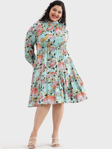 Virgio Printed Viscose Mock Neck Long Sleeves Midi Plus Size Dresses for Women