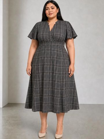 Beyond the Curve - VIRGIO Checked Flared Sleeve A-Line Midi Dress