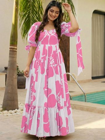 Urban Nakhre Floral Print Puff Sleeve Ruffled Crepe Maxi Dress
