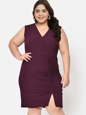 wild U Plus Size Ruched Front Slit Dress