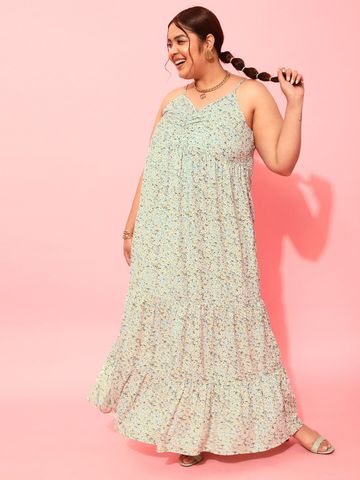 CURVY STREET Plus Size Sea Green & White Floral Printed Shoulder Straps Maxi Dress