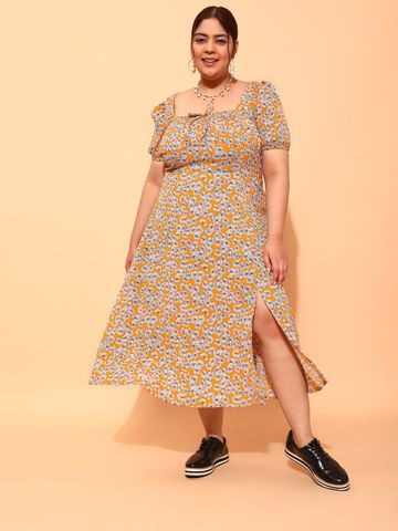 CURVY STREET Plus Size Yellow & White Floral Printed Square Neck A-Line Dress