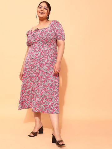 CURVY STREET Plus Size Floral Printed Square Neck Empire Dress